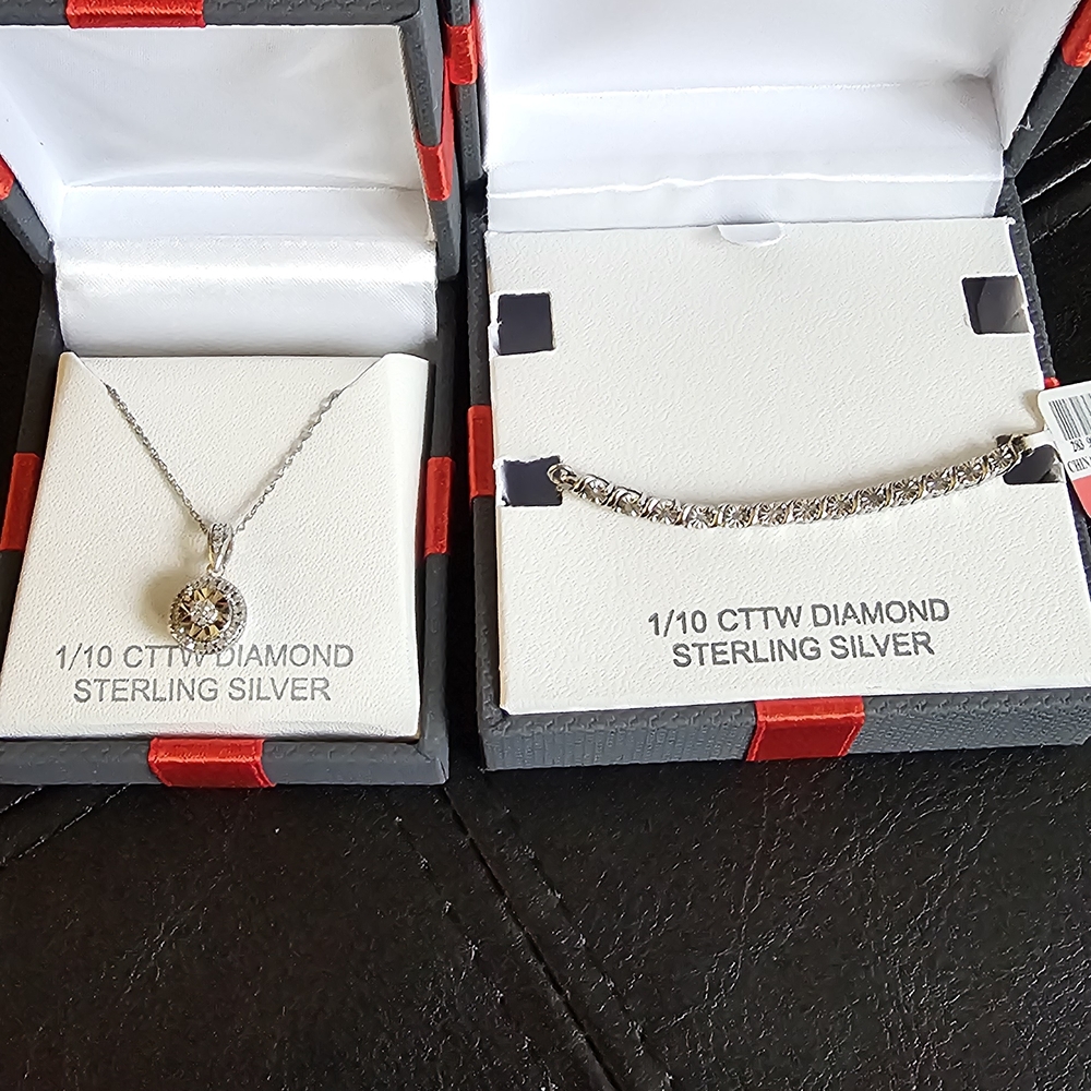 1/10 CTTW Diamond Sterling Silver Necklace and Bracelet Set